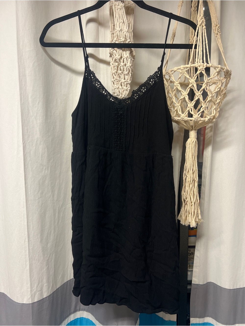 Acemi Black Lace-Trim Spaghetti Strap Mini Dress